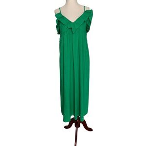 THML Womens M Kelly Green Midi Dress Ruffle V-Neck Spaghetti Strap Flowy Relaxed